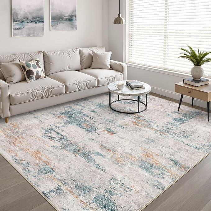 LOONGRUG 5x7 Area Rug Washable Neutral Modern Living Room Rug Teal Brown | Abstract Soft Stain Resistant Indoor Floor Non-Slip Carpet for Bedroom Nursery Kids Office Playroom