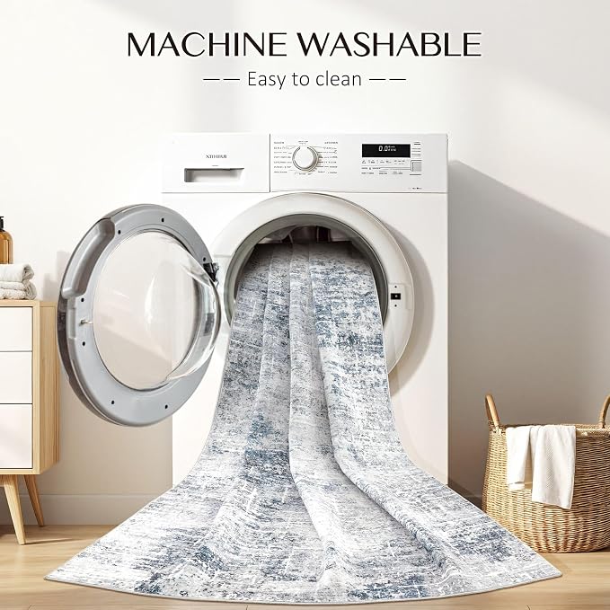 kakania Abstract 11x14 Area Rugs for Living Room: Washable Rugs Blue Grey | Soft, Non-Slip, Low-Pile, Pet & Kid Friendly - Large Modern Home Decor Carpet for Bedroom/Dining Room/Office/Nursery