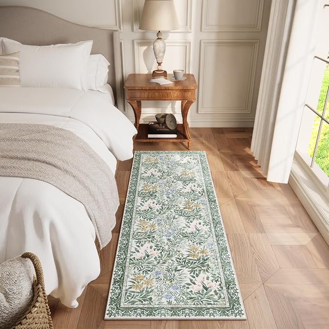 Botanical Floral Washable Runners for Hallways Area Rug 2x6 Light Green Cream Vintage Garden Design, Perfect for Carpet for Kitchen Bedroom Bathroom Laundry Room
