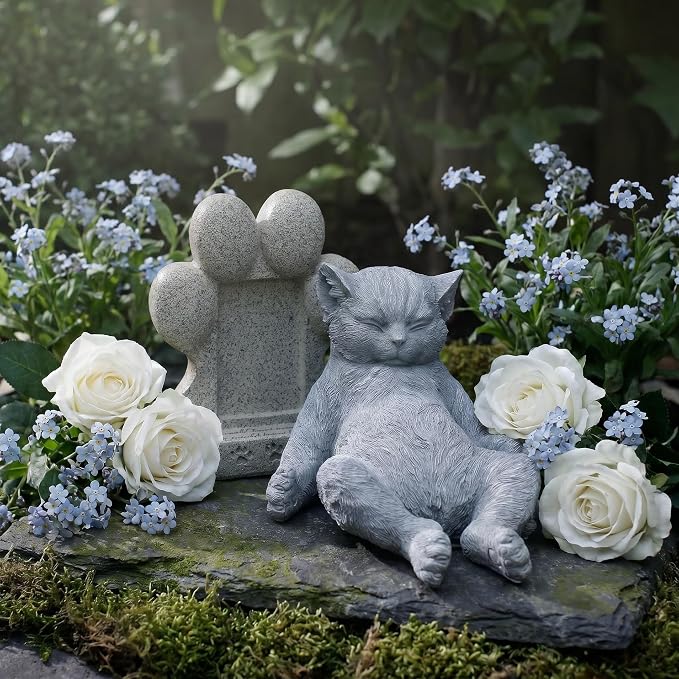 Cat Garden Statue Outdoor Decor, Pet Memorial Stone，Sleeping Cat Statue， Resin Cat Figurine Garden Sculpture Patio Decor,Headstones for Cats or Thoughtful Sympathy Gift,9.8" L x 5.9" W x 6.7" H