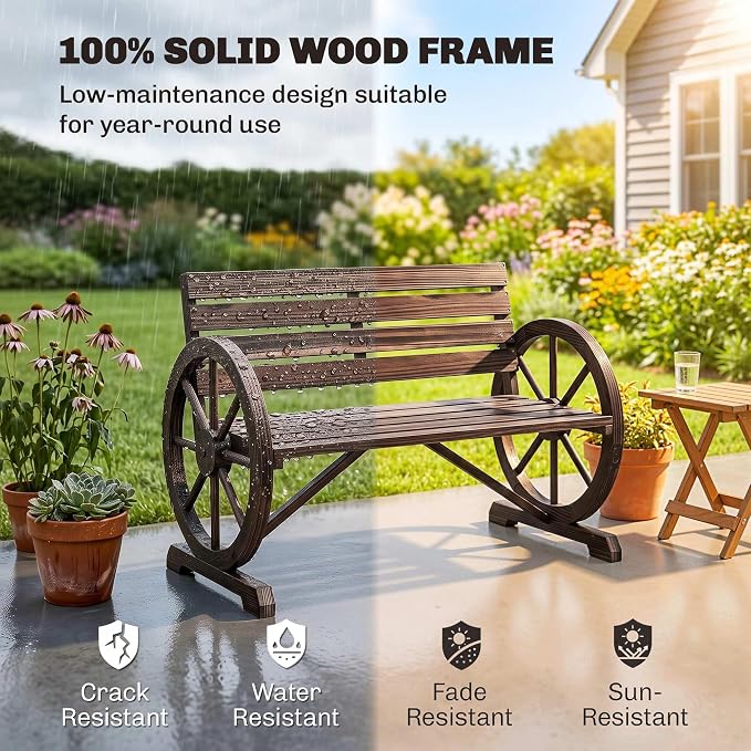 Outsunny 41" Wooden Wagon Wheel Bench, Rustic Outdoor Patio Bench Weather Resistance Furniture, 2-Person Slatted Seat with Backrest, Carbonized