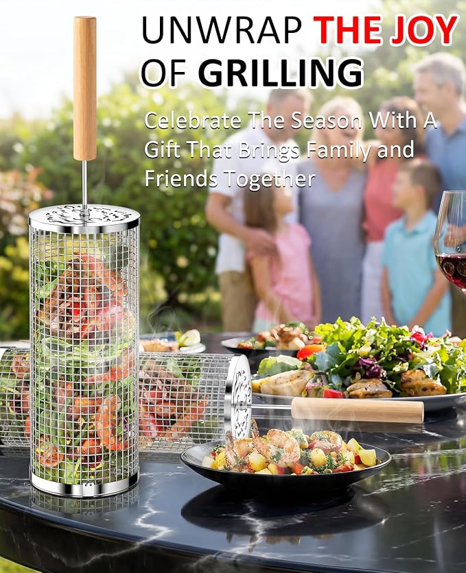Rolling Grill Basket, Grill Gift for Men, Removable Wooden Handle, 304 Stainless Steel, Nesting BBQ Tools for Vegetable, Outdoor Smoker Camping Accessories, Ideal Gifts for Men Dad Husband Birthday