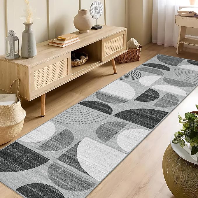 Runner Rug Washable,2x8 Area Rugs Non Slip Modern Abstract Boho | Long Throw Carpet for Hallways Kitchen Bedroom Entryway Bathroom Laundry Soft Low Pile Floor Indoor Bohemian Black and Grey