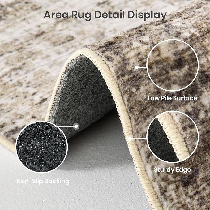 Valenrug Washable Rugs 5x7, Abstract Large Area Rugs for Living Room, Taupe | Soft & Lighweight, Folable, Stain Resistant Low Pile Thin Indoor Distressed Carpet Rugs for Bedroom,Dining Room,Kitchen