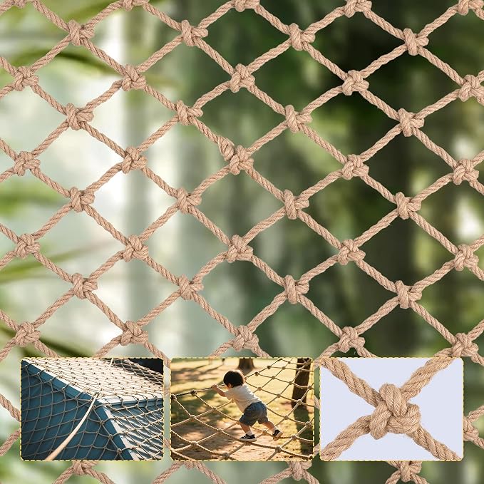 Jute Hemp Rope Net,Heavy Duty Natural Safety Rope Netting Balcony Stairs Fence Garden Playground Protection Net Indoor & Outdoor Decoration Rope Netting (6.5 FT x 10 FT-6mm)