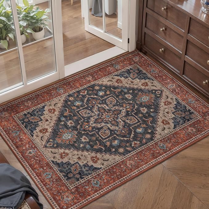 Tangsoo Vintage 2x3 Washable Rugs for Entryway, Non Slip Small Area Rug | Oriental Indoor Front Door Rug Mat, Soft Low Pile Small Carpet Throw Rugs for Entry Entrance Kitchen Bedroom Dark Blue/Orange