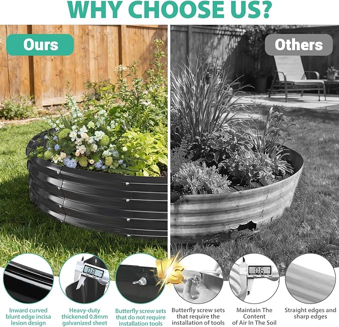 YSEJOMP 6FT Diameter Galvanized Garden Raised Bed/Plant Box/Fire Pit Ring-0.8mm Thick,12 Inch Tall,Crimped Edge and Corner,No Sharpe,Perfect for Plantings (Black, 72 Dia X 12 inches)