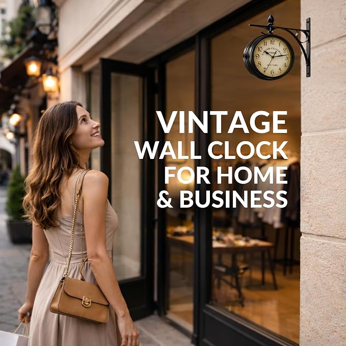 Double Face Wall Clock Black – Small Vintage Wall Clock Double Sided 360 Degree Rotate Antique for Outdoor Indoor Decorative Office Kitchen Living Room