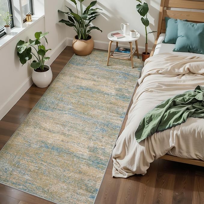 Abstract 2x6 Washable Runner Rug for Hallway, Modern Non Slip Runner Rugs | Tangsoo Contemporary Indoor Soft Low Pile Rug Print Carpet Runners for Laundry Entryway Bedroom Kitchen Mist Blue Home Decor