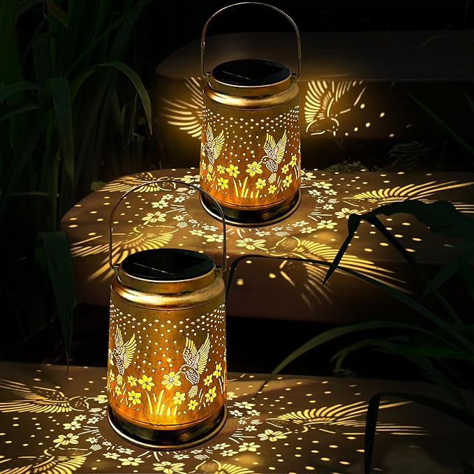 KY&BOSAM Retro Solar Lanterns Outdoor Waterproof Hummingbird Garden Decor | Premium Old Gold Color Metal Hanging Outside Solar Lights,Birthday Gifts for Women Mom Outside for Yard,Patio,Backyard,Porch