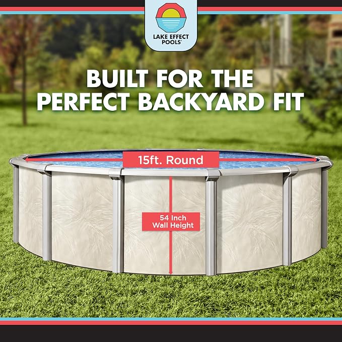 Lake Effect Pools 'Forever' 15 ft Round Above Ground Swimming Pool | 54 Inch Steel Side Walls | Kit Includes: 25 Gauge Overlap Liner & Widemouth Skimmer