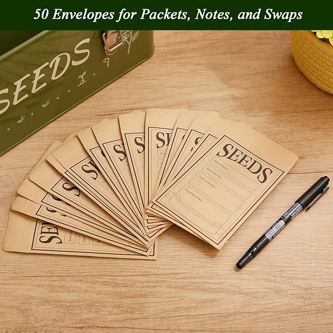 VerdantVibes Metal Seed Storage Organizer Box - Large Galvanized Seed Bin with 50 Vials, 50 Envelopes, Dividers & Labels - Complete Seed Saving Container & Gardening Gifts for Women Men