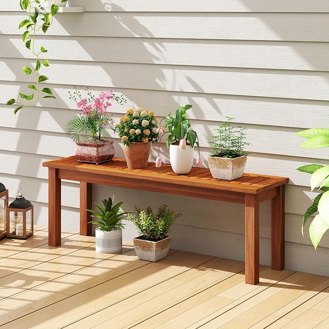 Tangkula Outdoor Wood Bench, 2-Person Backless Patio Garden Bench with Slatted Seat, Front Porch Dining Seating Furniture for Deck, Yard and Park (2)