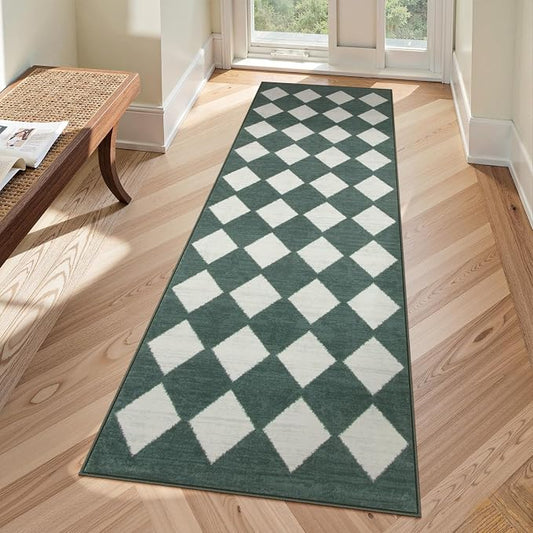 Lahome Zelie Checkered Washable 2x6 Green Runners for Hallways Non Slip, Ultra-Thin Kitchen Bathroom Runner Rugs, Moroccan Trellis Throw Carpet Runner for Bedroom Entryway Decor (2'x6',Dark Green)
