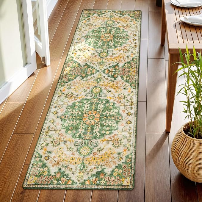Lahome Reine Bohemian 2x6 Washable Hallway Runner Rug, Kitchen Runner Rugs Non Skid Washable, Floral Medallion Soft Bathroom Carpet Runners for Laundry Room Bedroom Foyer Entryway, Yellow/Green/Multi