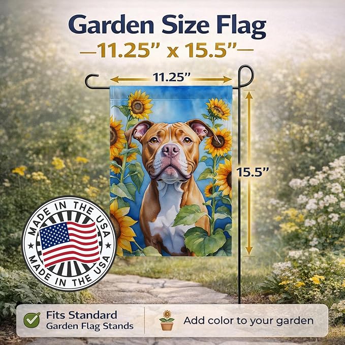 Caroline's Treasures DAC6133GF Pit Bull Terrier in Sunflowers Garden Flag Mailbox Flag Decorative Yard Flag Banner Outside Patio Artwork Yard Flower Beds, Garden Size, Multicolor