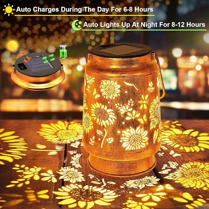 2 Pack Sunflower Solar Lanterns Outdoor with Shepherd Hook, Birthday Gift Mothers Day Gift for Women Mom Grandma Wife Daughter, Waterproof LED Hanging Lights, Decor for Yard Garden Patio Porch Lawn
