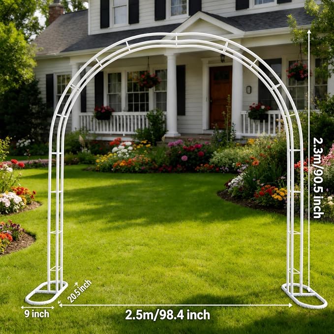 Metal Garden Arch, 98.5" W x 90.5" H Heavy Duty Metal Garden Arch Trellis for Climbing Plants (White, Arch)