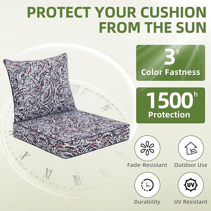 Favoyard Outdoor Deep Seat Patio Cushions Set, 22 x 22 Inch Rainproof & 3-Year Fade Resistant Patio Furniture Cushion, Removable Bottom & Back Cushion with Ties for Yard, Garden, Teardrop Blue