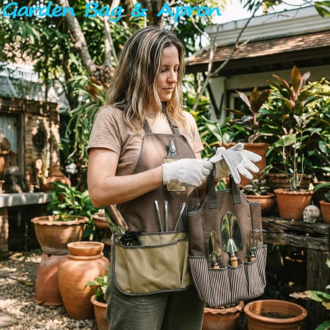 Garden Tool Set, Beswill 12 Pieces Heavy Duty Gardening Hand Tools with Garden Tools Organizer Handbag, Apron, Rust-Proof Stainless Steel Gardening Kit, Wood Handle, Ideal Garden Gifts for Women Men
