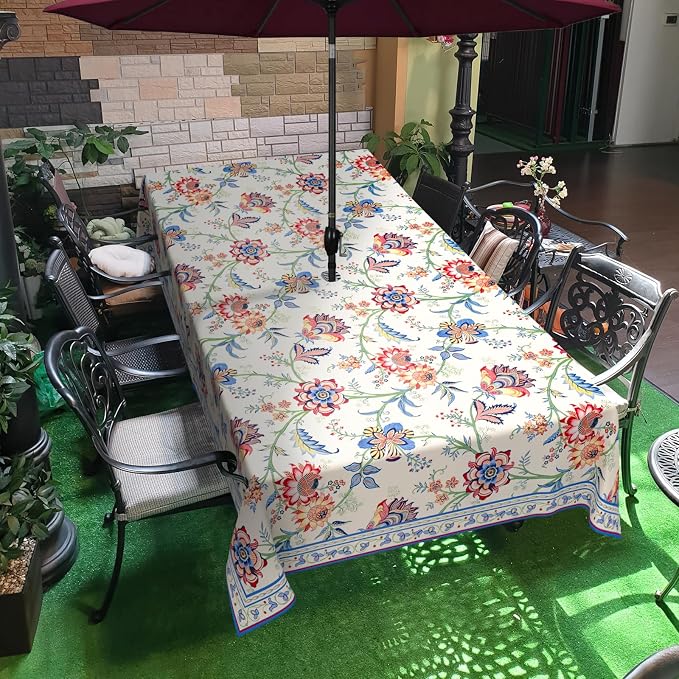 Vintage Flowers Outdoor Tablecloth with Umbrella Hole 60" x 84" Waterproof Zipper Table Cloth for Garden - Ideal Patio Table Cover for Picnics, Camping, and Yard Use