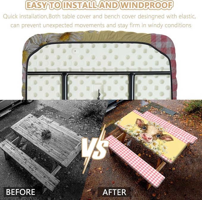 Picnic Table Cover with Bench Covers Elastic Edges, Outdoor Patio Camping Essentials 72 Inch 3PCS, Waterproof Camping Fitted Tablecloth with Handbags (Pink check daisy cow)