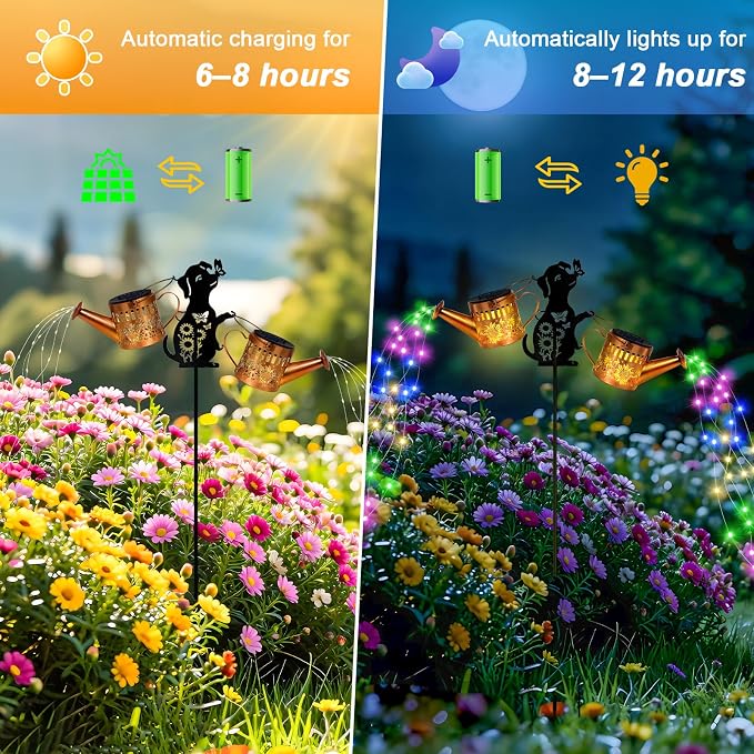 2 Pack Solar Watering Can Lights, Metal Solar Lights Outdoor Decorative with Dog Silhouette Stake, Waterproof Hanging Lantern Garden Decor Light for Outside, Patio, Yard, Birthday Gifts, Multicolor