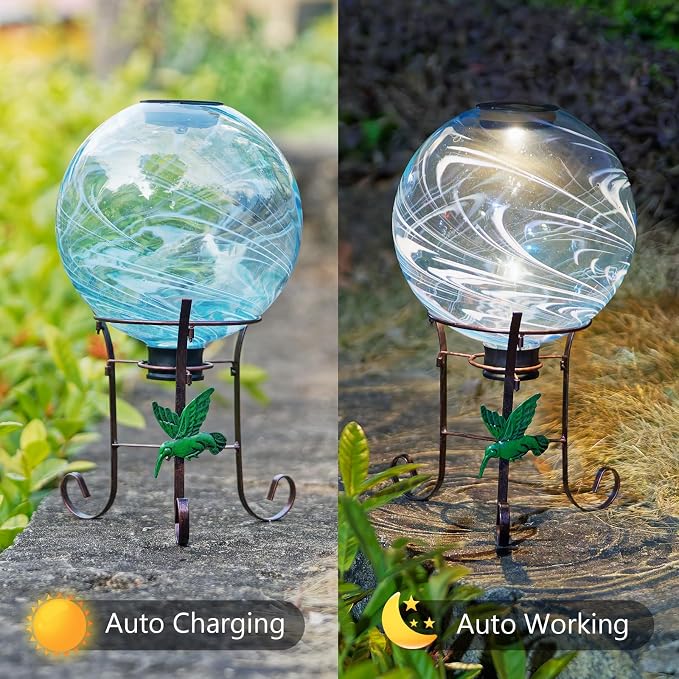 10 Inch Solar Glass Gazing Ball with 9.4" H Metal Stand | Solar Gazing Globe Lights Display Holder Set for Outdoor Garden Lawn Yard Decoration, Blue Water Ripple