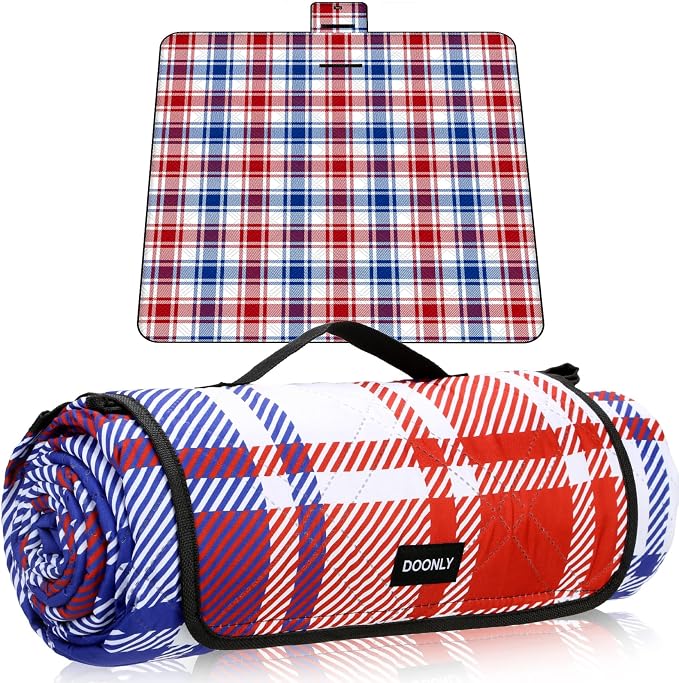 Doonly Picnic Blanket, Large Waterproof Sandproof Beach Blanket, Foldable Outdoor Blanket Picnic Mat for Beach, Camping, Park, Grass, Lawn, Travel, Patriotic Red White and Blue