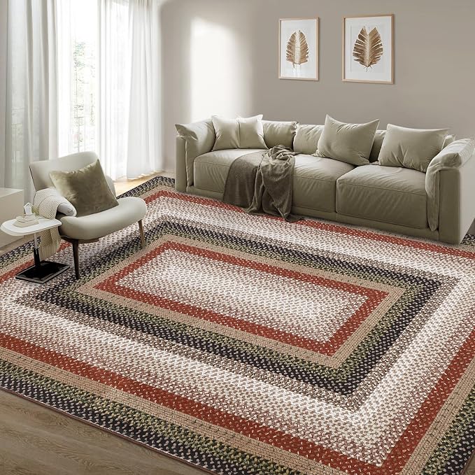 RUGSREAL Washable Area Rug 6x9 Braided Print Rugs for Living Room Bedroom | Modern Geometric Large Dining Room Rug Non Slip Dining Room Farmhouse Accent Throw Carpet for Home Decor, Crimson/Earthy