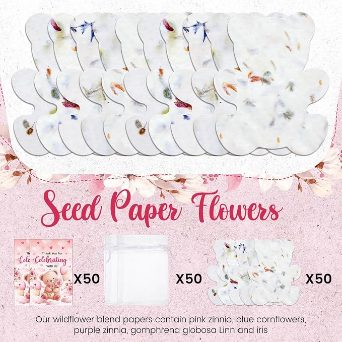 Dunzoom 50 Sets Baby Shower Party Gifts for Guests Little Bear Shaped Seed Paper Handmade Flower Petals Tags Plantable Wildflower Seed Paper Recycled Thank You Cards and Organza Bags for Party Favor