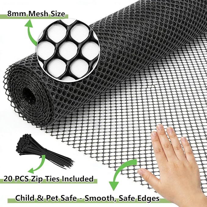 15.7" x 10' Plastic Mesh Fence Roll - Heavy Duty Chicken Wire Mesh Fence - Upgraded Thick Animal Barrier for Garden, Balcony Railing Safety Net, Poultry Netting with 20 Zip Ties, Black