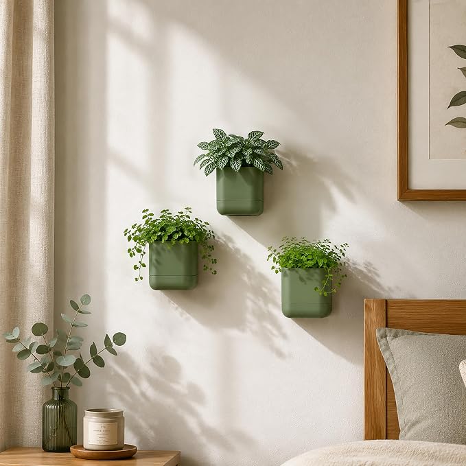 Phoenix Vine 3.5 Inch Wall Mounted Self-Watering Planter Pot for Indoor Houseplants and Herbs | Hanging Planter for Window Sills, Bathroom Walls, Home & Office Décor, Olive, Set of 3, 01-A-F-3