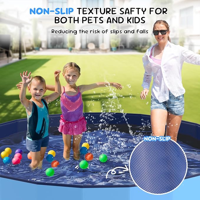 120'' Foldable Dog Pool, Kiddie Pool, Heavy Duty Non-Slip Plastic Pet Wading Pool for Large Dogs, Indoor and Outdoor Kids Pet Dog Bathtub