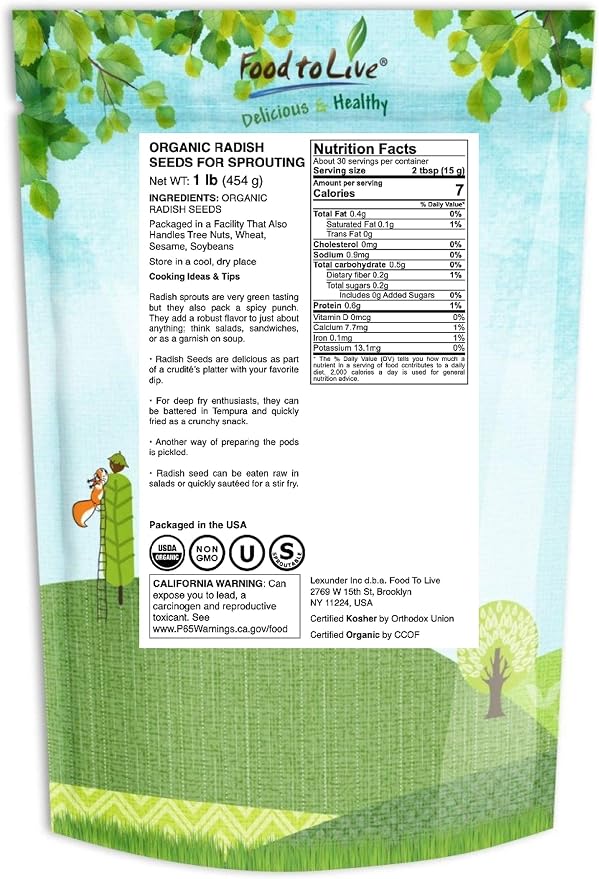 Food to Live - Organic Radish Seeds for Sprouting, 1 Pound Non-GMO, Edible Seeds, Pure, Vegan, Kosher, Bulk. Spicy Flavor. Rich in Vitamin C. High Germitation Rate.