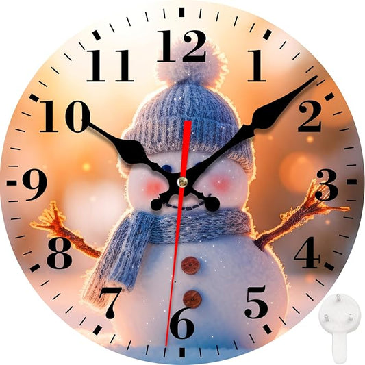Wall Clock, Cute Christmas Winter Snowman Silent Non Ticking Battery Operated Round Decorative Indoor Outdoor Clocks for Living Room Kitchen Bedroom Bathroom Patio 12"