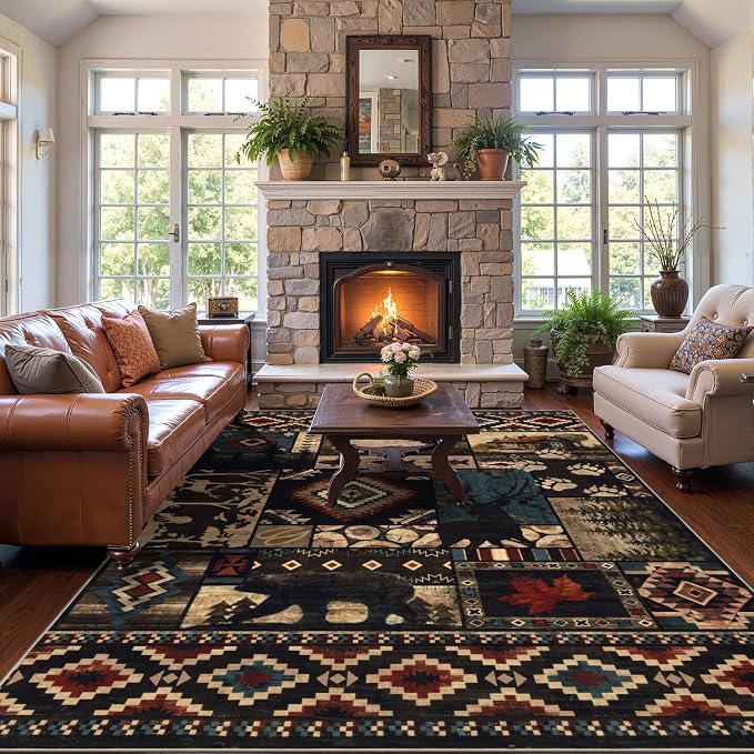 LOKHOM 6x9 Rustic Bear Area Rug, Washable Southwestern Lodge Cabin Rug | Bear Pattern, Non-Slip, Low Pile, Soft Vintage Wildlife Accent Floor Carpet, For Living Room Bedroom Dining Room Nursery