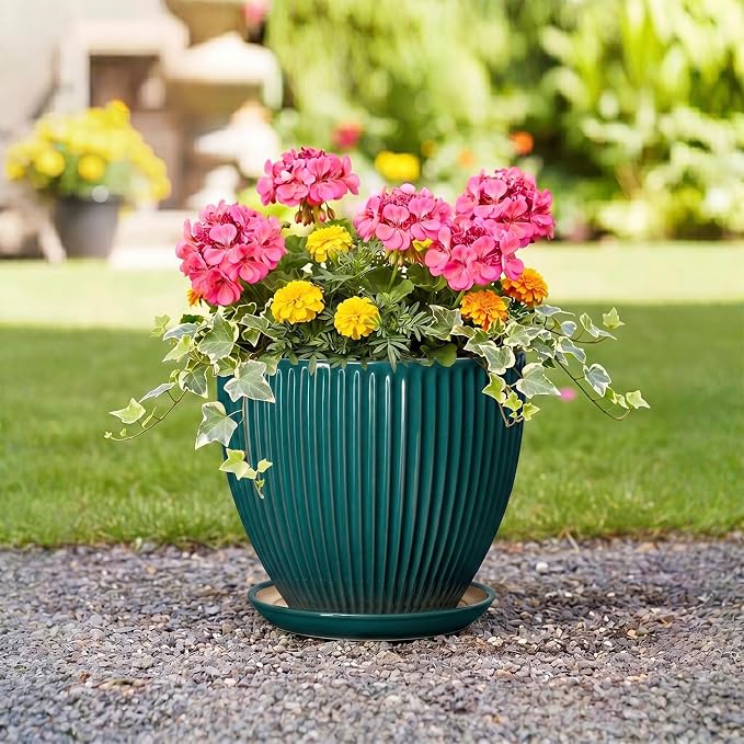 10 Inch Flower Pot, Round Ceramic Planters for Indoor Plants, Decorative Plant Pots with Drainage Hole and Saucer, Modern Large Planter, Office Decor, House Warming Gifts, Blackish Green