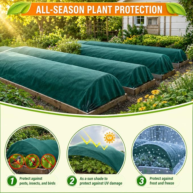 kockuu Plant Sun Protection Cloth, 6.5ft x 16ft 1.41 oz/yd² Garden Plant Shade Cloth with 15 Stainless Steel Clips from Direct Sunlight, Plant Covers Frost & Sun Protection for Winter and Summer