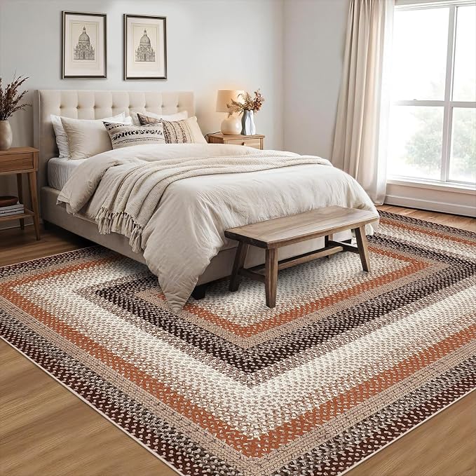 RUGSREAL 9x12 Braided Rug Washable Non Slip Living Room Bedroom Area Rugs | Modern Braid Printed Large Dining Room Rug with Rubber Backing Farmhouse Accent Carpet for Home Decor Office, Brown/Rust