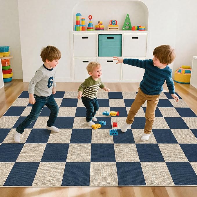 GarveeHome Checkered Easy Jute 5x7 Area Rugs for Living Room Machine Washable Non-Slip Backing Stain Resistant Modern Indoor Outdoor Rugs for Farmhouse Dining Room Patio Navy Blue