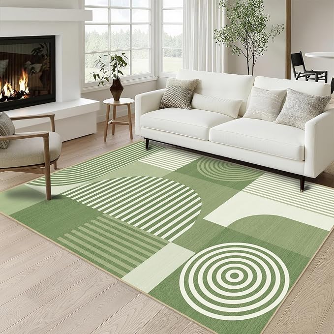 Green Geometric Area Rug 4x6 for Living Room Rug Machine Washable Minimalist Line Mid Century Modern Rugs Non Slip Low Pile Indoor Floor Carpet for Bedroom Dining Room Laundry Office,Green
