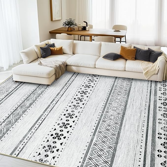 5x7 Washable Area Rugs for Living Room Boho Bedroom Rug Grey/Black/Navy | Vacuum Friendly, Machine Washable, Non-Slip Rug, Stain Resistant, Moroccan Geometric, Low Pile Carpet, Dining Room Kitchen