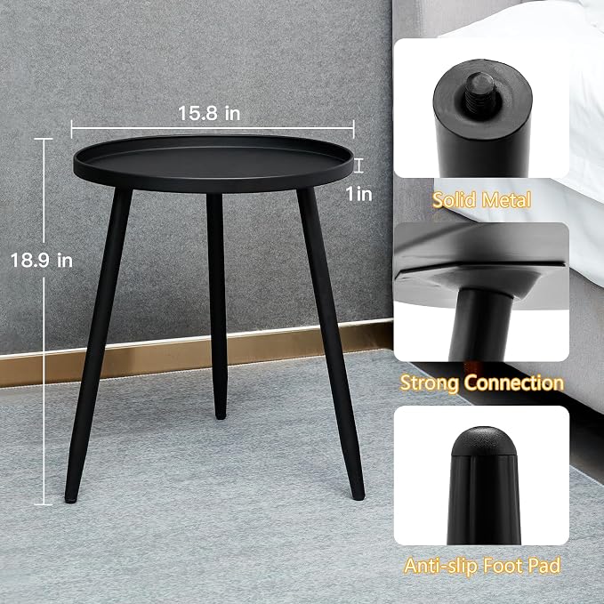 Linpla Decent End/Side Tables - Small Round Accent Table, Metal Black Narrow Night Stands with 3 Legs, Ideal for Any Room-Side Tables Living Room, Bedroom, Tall Plant Stand Balcony, Indoor & Outdoor