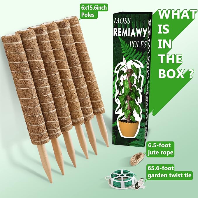 Moss Pole 68 Inch, 6 Pack Plant Moss Pole for Plants Monstera, 15.6 Inch Coir Totem Sticks for Climbing Support Extension Indoor Sticks with 65 Feet Garden Twist Tie