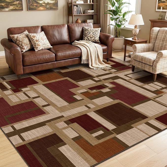 Modern Geometric 6x9 Area Rugs for Living Room, Red Brown Washable Rug | Abstract Patchwork Blocks Non-Slip Indoor Carpet for Bedroom Dining Room Office | Burgundy Brown Soft Low-Pile Floor Rug