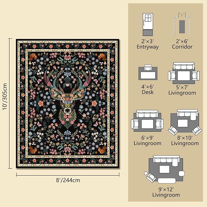 Area Rug Vintage Floral Deer Pattern 8x10 - Bohemian Forest Animal Carpet with Squirrel & Butterfly, Soft Decorative Area Rug for Living Room Bedroom Home Decor
