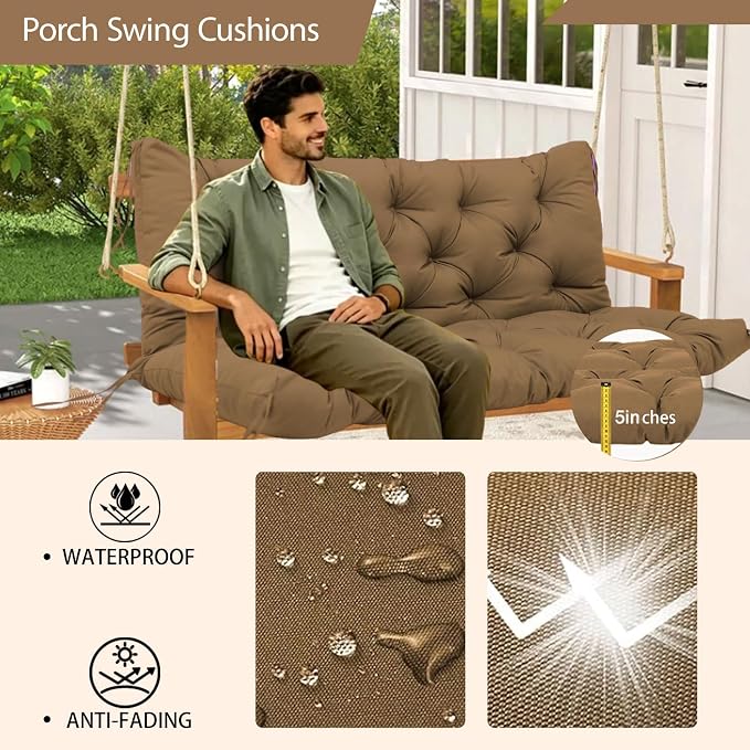Waterproof Porch Swing Cushion Thicken 5" Brown 2-3 Seat 40 ×40 in Replacement Swing Cushions with Backrest and Ties for Patio Backyard Porch Garden