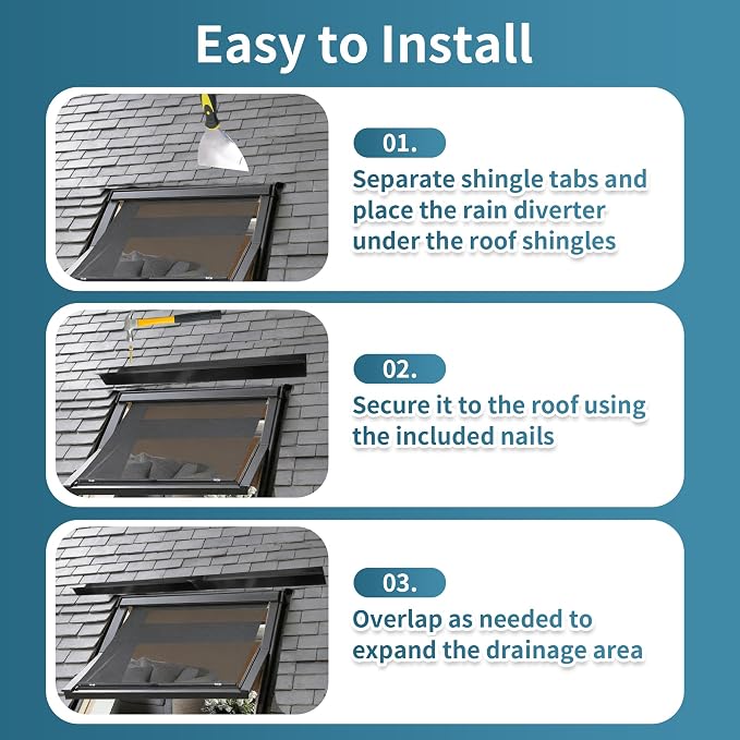 1 pcs Rain Diverter for Roof, 39 Inch Powder Coated Roof Rain Diverter with Nails, Rainwater Splash Guard for Shingle Roofs, Doorways, Windows, Chimneys and Roof Vents, Weatherproof Protection