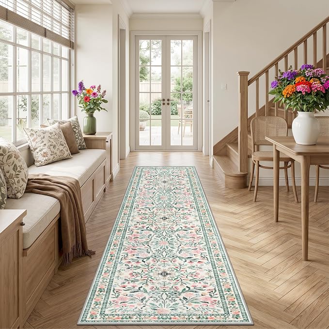 PLHXFR 2.6x10 Washable Runner Rug：Floral Indoor Kitchen Carpet Green Beige | For Hallway Bedroom Kitchen Laundry Bathroom Dorm,Vintage Floral,Machine washable,Non Slip,Stain Resistant,Indoor Floor